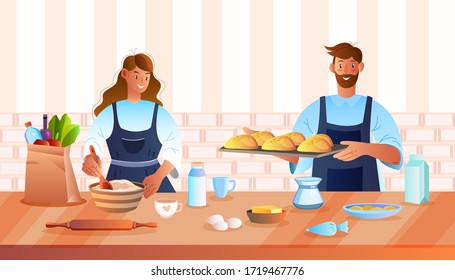 Cooking together vector concept with young family in the kitchen. Husband and wife gladly baking pastry during quarantine. Kitchen table with milk, eggs, dough, butter, paper bag. 