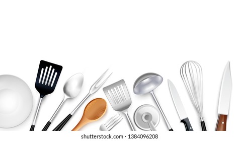 Cooking tools background composition with realistic images of kitchenware items made of steel plastic and wood vector illustration