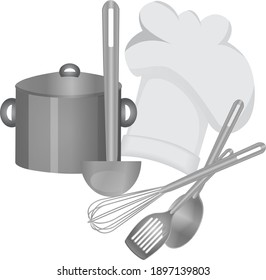 Cooking tools, chef hat and a saucepan isolated monochrome vector illustration