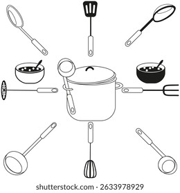 Cooking tools circle. Black and white style. Centered pan layout.