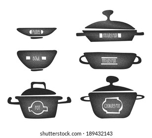 Cooking tools collection including cooking pan, frying pan, saucepan, bowl and plate, Vector silhouette