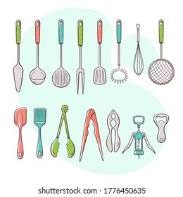 Kochwerkzeuge. Sammlung von Küchenutensilien zum Kochen, Servieren, Rühren und Öffnen. Handgezeichnete farbenfrohe Stilkollektion.