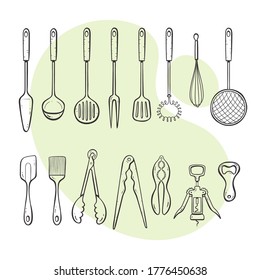 Cooking tools. Collection of kitchen supplies for cooking, serving, stirring and opening. Hand drawn outlined style collection.