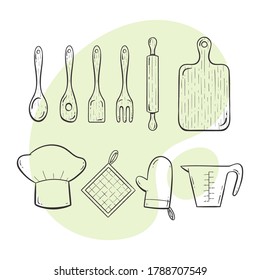 Herramientas de cocina. Colección de suministros de cocina para cocinar, servir, agitar y cortar. Colección de estilos delineada con doodle.