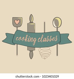 Cooking tools collection.  Vector illustration of cooking tools as wooden spoon, ladle, whipper and roller on light yellow background. Cooking classes