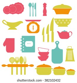 Cooking tools and dishes icons set .Kitchen collection - vector silhouette