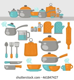 Cooking tools Dishes set. Kitchen equipment, products on the shelves. Vector Illustration.
