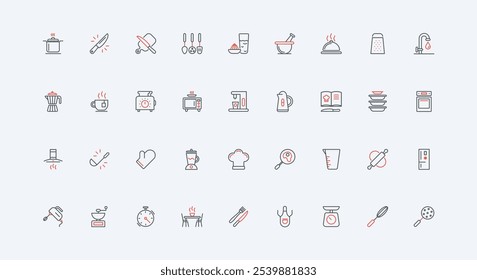 Herramientas de cocina y electrodomésticos de cocina, recetario y chefs hat line icon set. Utensilios, cuchillo y tablero, batidor, olla para cocinar delgados símbolos de contorno negro y rojo Ilustración vectorial