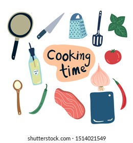 cooking tools with food and vegetables elements sets. Creative kitchen tools texture for fabric, wrapping, textile, wallpaper, apparel. Vector illustration