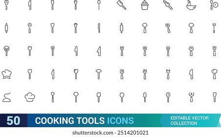 Cooking tools icon set. Cooking and kitchen icon collections. Linear style symble. frypan and more, Linear icon collection. Editable stroke. Vector illustration.