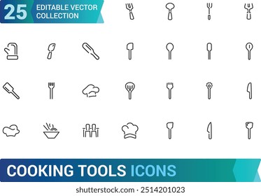 Symbolsatz für Kochwerkzeuge. Koch- und Küchensymbolsammlungen. Symbol im linearen Stil. frypan und mehr, Lineare Icon-Sammlung. Bearbeitbarer Strich. Vektorgrafik.