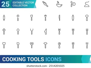 Cooking tools icon set. Cooking and kitchen icon collections. Linear style symble. frypan and more, Linear icon collection. Editable stroke. Vector illustration.