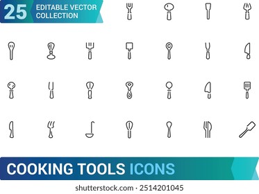 Symbolsatz für Kochwerkzeuge. Koch- und Küchensymbolsammlungen. Symbol im linearen Stil. frypan und mehr, Lineare Icon-Sammlung. Bearbeitbarer Strich. Vektorgrafik.