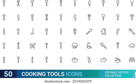 Symbolsatz für Kochwerkzeuge. Koch- und Küchensymbolsammlungen. Symbol im linearen Stil. frypan und mehr, Lineare Icon-Sammlung. Bearbeitbarer Strich. Vektorgrafik.