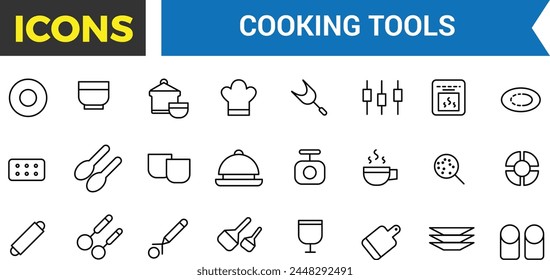 Cooking Tools Icons Set, Set Of Kitchen Essentials, Tableware, Cutlery, Dishes, Plates, Jug, Ladle, Baking Sheet, Paper Mill, Cheese Slicer, Salt Shaker, Spatula Vector Icon, Vector Illustration