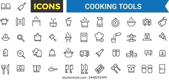 Juego De Iconos De Herramientas De Cocina, Juego De Essentials De Cocina, Vajilla, Cubertería, Platos, Platos, Jarra, Cuchara, Hoja De Hornear, Molino De Papel, Cortadora De Queso, Salero, Espátula Icono De Vector, Ilustración vectorial