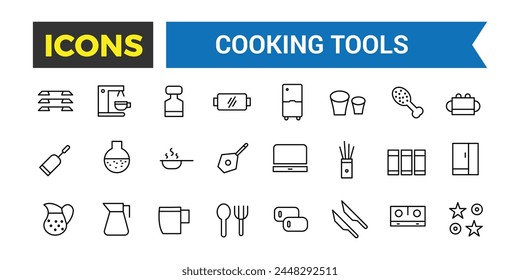 Cooking Tools Icons Set, Set Of Kitchen Essentials, Tableware, Cutlery, Dishes, Plates, Jug, Ladle, Baking Sheet, Paper Mill, Cheese Slicer, Salt Shaker, Spatula Vector Icon, Vector Illustration