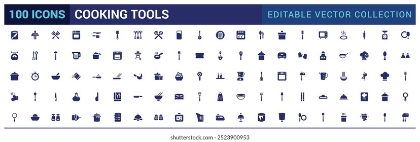 Conjunto de ícones de ferramentas de cozinha, essenciais de cozinha, talheres e muito mais. Pacote de ícones preenchido, ícone de glifo para web e interface do usuário. Coleção de sinais sólidos, ilustração de vetor.