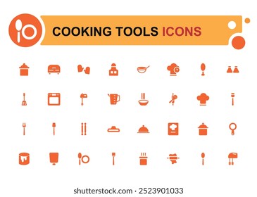 Conjunto de ícones de ferramentas de cozinha, essenciais de cozinha, talheres e muito mais. Pacote de ícones preenchido, ícone de glifo para web e interface do usuário. Coleção de sinais sólidos, ilustração de vetor.