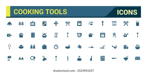 Conjunto de ícones de ferramentas de cozinha, essenciais de cozinha, talheres e muito mais. Pacote de ícones preenchido, ícone de glifo para web e interface do usuário. Coleção de sinais sólidos, ilustração de vetor.