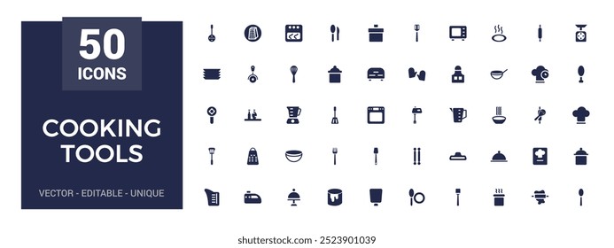 Conjunto de ícones de ferramentas de cozinha, essenciais de cozinha, talheres e muito mais. Pacote de ícones preenchido, ícone de glifo para web e interface do usuário. Coleção de sinais sólidos, ilustração de vetor.