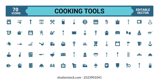 Conjunto de ícones de ferramentas de cozinha, essenciais de cozinha, talheres e muito mais. Pacote de ícones preenchido, ícone de glifo para web e interface do usuário. Coleção de sinais sólidos, ilustração de vetor.