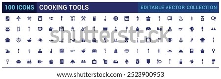 Cooking tools icons set, kitchen essentials, tableware, cutlery and more. Filled icon pack, glyph icon for web and ui. Solid sign collection, Vector illustration.