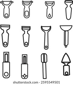 Cooking tools isolated icons set. Set of kitchen essentials, cutlery, dishes, plates, baking sheet, paper mill, cheese slicer, Editable stroke, Thin line icon pack, vector illustration.