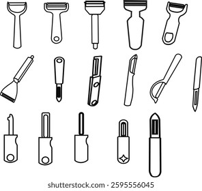 Cooking tools isolated icons set. Set of kitchen essentials, cutlery, dishes, plates, baking sheet, paper mill, cheese slicer, Editable stroke, Thin line icon pack, vector illustration.