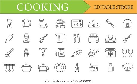 Herramientas de Cocina y Electrodomésticos Línea Icono Set con Movimiento Editable
