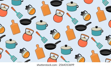 Cooking tools, kitchen equipment pattern background. Cooking tools, kitchen equipment illustration pattern. Cooking tools, kitchen equipment  background. Perfect for fabrics, print, textile, wallpaper