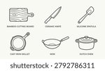 Cooking tools line art illustration set with a minimalist style Kitchen utensil collection for food preparation and cooking