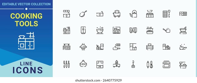 Cooking Tools modern icon set. Related to tools, kitchenware, cook, kitchen and more. Kitchen Accessory modern icon set. Vector icons collection. Editable stroke. Pixel Perfect.