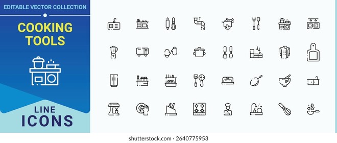 Cooking Tools modern icon set. Related to tools, kitchenware, cook, kitchen and more. Kitchen Accessory modern icon set. Vector icons collection. Editable stroke. Pixel Perfect.