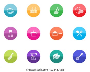 Cooking tools and object icon in color circles. 