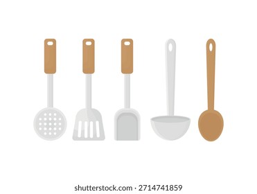 Herramientas de cocina sobre un fondo blanco. Elementos de cocina. Cuchara, cuchara, colador, etc.