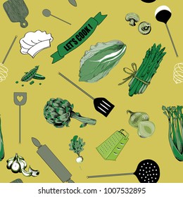 Cooking tools seamless pattern. Vector illustration of  wooden spoon, cutting board, knife and roller  with various types of vegetables on light green background