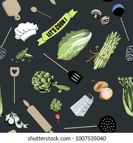 Cooking tools seamless pattern. Vector illustration of  wooden spoon, cutting board, knife and roller  with various types of vegetables on dark background