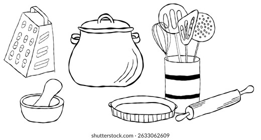 Cooking tools set with grater pot spatula stand rolling pin and baking dish