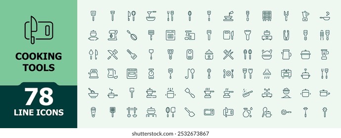 Ferramentas de cozinha e conjunto de ícones de utensílios. Coleção de equipamentos de cozinha. Símbolos de linhas de utensílios. Colher, misturador, rolo e escova. Ilustração vetorial.