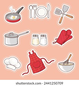 Cooking tools and utensils sticker set in cartoon style.