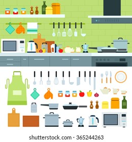 Cooking tools vector flat illustrations. Kitchen with modern cooking equipment, products on the shelves. Cooking at home concept. Pots, spices and othe cooking utensils isolated on white background
