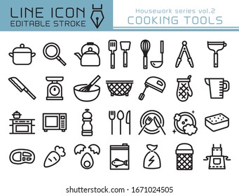 Juego de iconos vectoriales de herramientas de cocina. Trazo de línea editable.