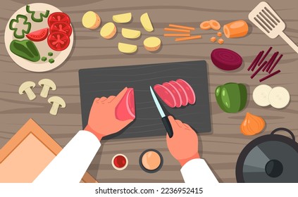 Cooking top view. Chef preparing chopping food on table, plate and board with slices cartoon vegetables healthy vegetarian meal cuisine. Vector illustration. Hands holding knife cutting veggies - Shutterstock ID 2236952415