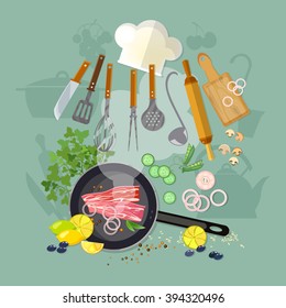 Cooking top view fry the meat in a frying pan kitchenware cook hat vector illustration 