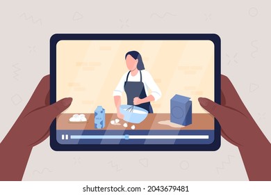 Cooking tutorial online flat color vector illustration. Preparing food and baking on streaming video. E learning for hobby. Teaching chef 2D cartoon character on tablet display background