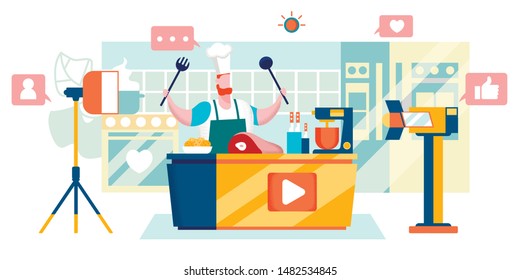 Cooking Tutorial. Video Blogger. Man Recording Video in Studio. Youtube Icons, Like, Subscribe and Comments. Vlogger Content Creator. Blog Management. Getting Money with Youtube. Vector EPS 10.