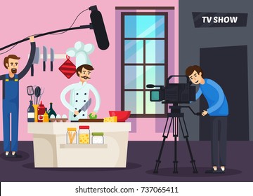 Cooking Tv Show Orthogonal Composition With Chef Preparing Food, Cameraman And Sound Man In Studio Vector Illustration