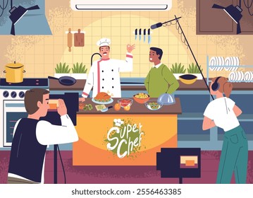 Cooking tv show. Professional chef cook preparing in kitchen television studio, cookery popular online broadcast media production with cameraman engineer classy vector illustration original artwork