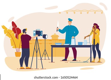 Cooking TV Show Shooting with Chef Preparing Food, Cameraman Working with Equipment, Interviewer Talking to Microphone Character. Kitchen Interior. Kitchenware Advertisement. Vector Illustration